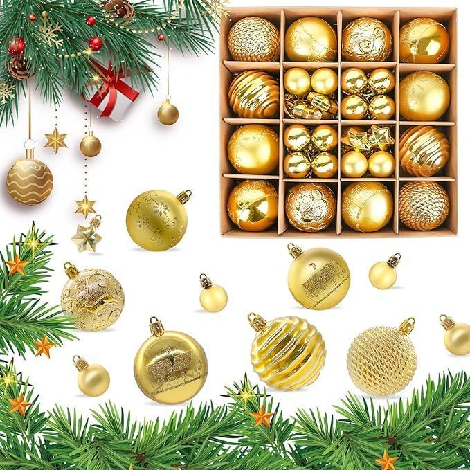 44-Piece Christmas Tree Ornaments Set – 30/60mm Christmas Ball Decorations for Christmas Tree, Holiday Party, Wedding & Home Decoration - Gold