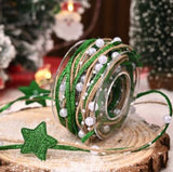 1Pack Christmas Ribbon Cord - Gold Glitter Bead Star Shape Craft Ribbons Trim 5 Yards Jute Gold Cord with Star Charms Beads Ribbons Trim Embellishment for Xmas New Year Gift Wrapping Wreath DIY Crafts - Green