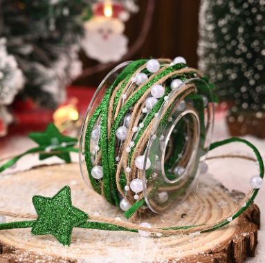 2Pack Christmas Ribbon Cord - Gold Glitter Bead Star Shape Craft Ribbons Trim 5 Yards Jute Gold Cord with Star Charms Beads Ribbons Trim Embellishment for Xmas New Year Gift Wrapping Wreath DIY Crafts - Green