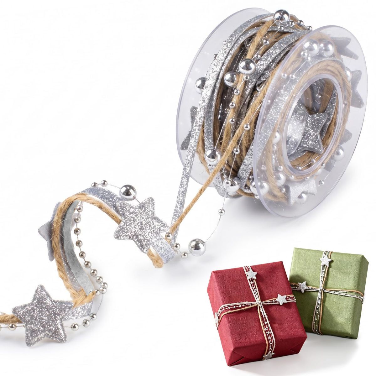 1Pack Christmas Ribbon Cord - Gold Glitter Bead Star Shape Craft Ribbons Trim 5 Yards Jute Gold Cord with Star Charms Beads Ribbons Trim Embellishment for Xmas New Year Gift Wrapping Wreath DIY Crafts - Silver