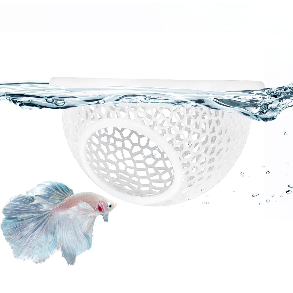 Floating Betta Hide & Shrimp Cave – 3D Printed Aquarium Hammock, Feeder & Rest Spot – Floating Betta Log & Cave Decor for Nano Tanks, Corydoras, Shrimp & Small Fish – Safe PLA, Patent Pending - White - Size S