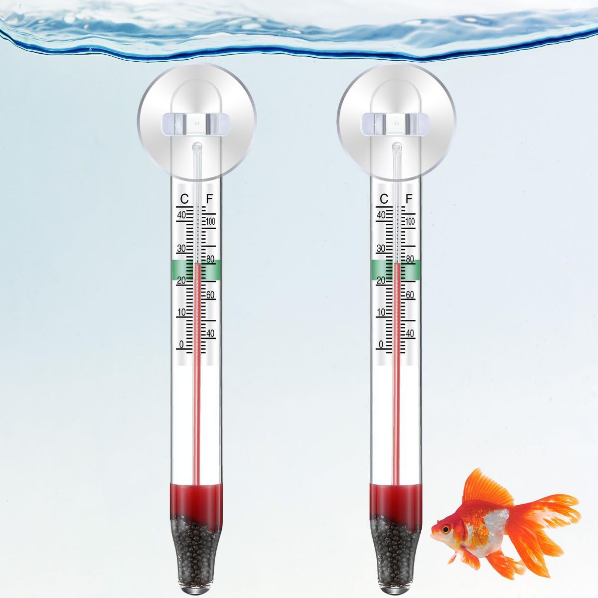 2 Pcs Floating Aquarium Thermometers, Floating Glass Aquarium Thermometer with Suction Cup, Mercury Free Large Standing Thermometer for Freshwater and Saltwater Fish