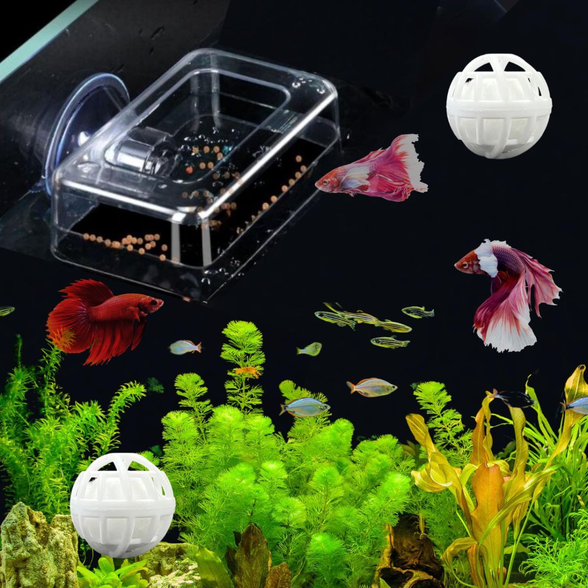 Fish Feeding Box Ring for Turtle with Filter Ball Set, Fish Feeder Ring and Nitrifying Ball, Betta Feeding Floating, Turtle Enrichment Toys, Floating Betta Food Holder (Clear，2Pcs） - Clear - Size S