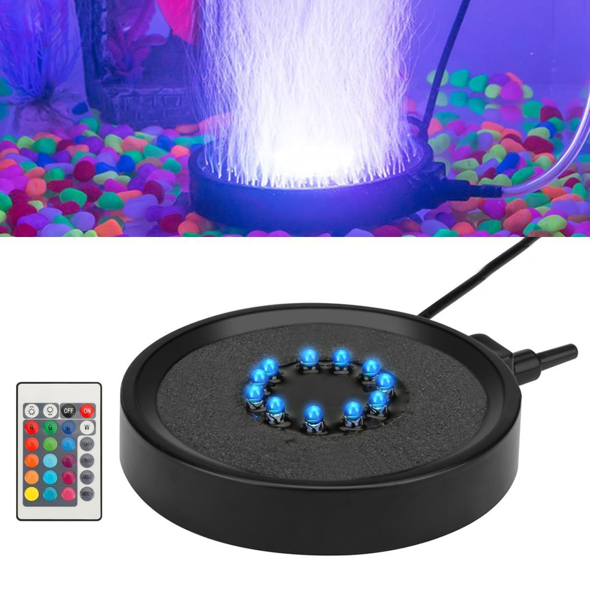 Aquarium Bubble Light LED Fish Tank Bubbler Light, Remote Controlled Aquariums Air Stone Disk Lamp with 16 Color Changing, 4 Lighting Effects for Tanks and Ponds