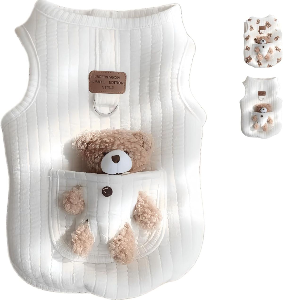 Pet Sweater Plush Bear Pattern Sleeveless Pet Clothing Puppy Outfit Kitten - Ivory - Size L