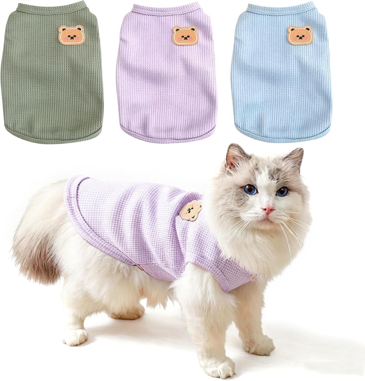 3PCS Waffle Knit Pet Shirt Sphynx Cat Clothing Small Dog T-Shirt Pet Fashion - Purple&Blue&Green / XXL(16.1-20lb)