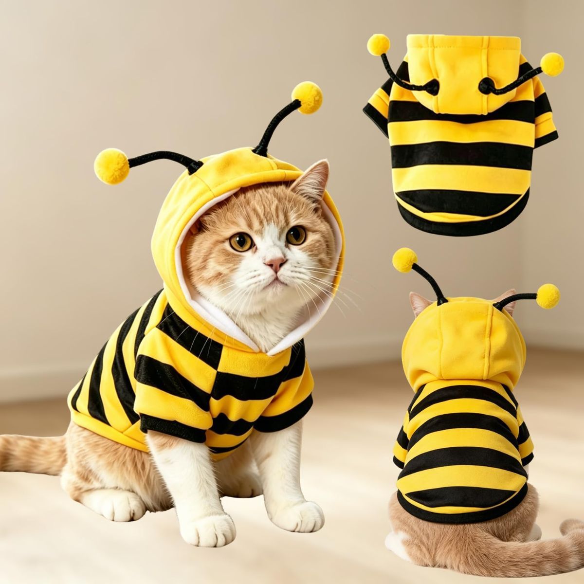 Bumblebee Cat Costume for Sphynx & Small Dogs, Fit Halloween, Yellow, Cute Bee Stripes Hoodie, Soft Warm Fleece, Holiday Cosplay Outfit, Daily Leisure Wear, Easy to Put, Safe for Leash Walking - Yellow / XS