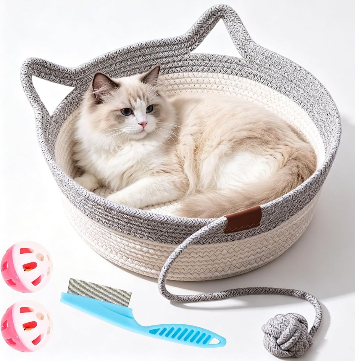 Cat Basket Hand-Woven Cat Bed Cat-Ear Handles Cotton Rope Cat Bed Indoor Cat - Gray - Size M