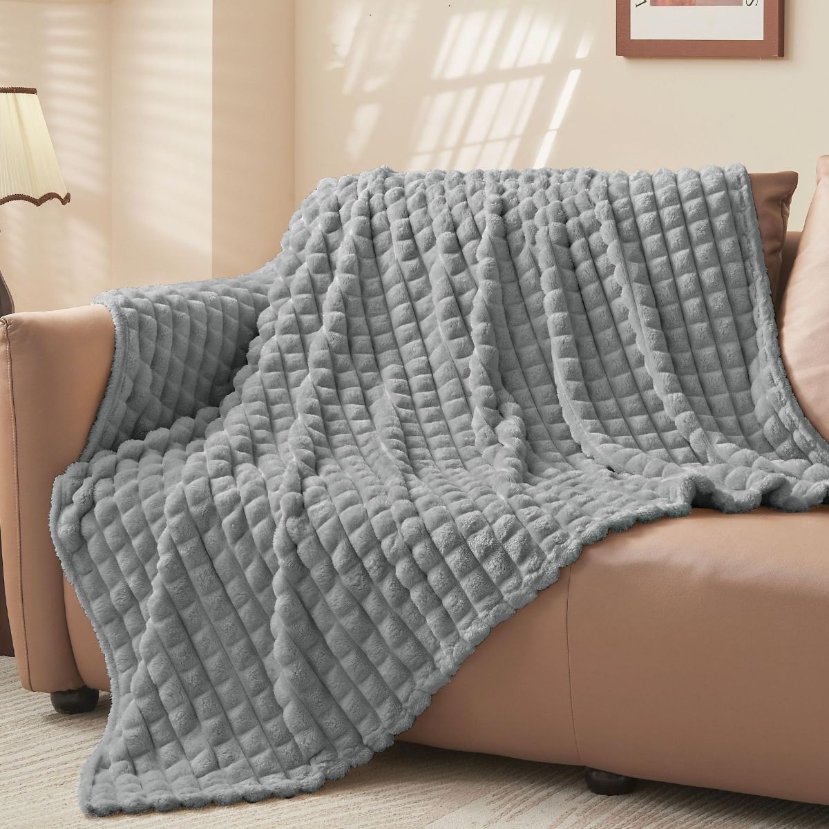Updated Grey Throw Blanket for Couch and Bed- Super Soft and Warm 3D Checkered Fluffy Fuzzy Fleece Blanket, Luxurious Plush Cozy Blanket for Room Decor Spring - Gray - Size 180cm*200cm