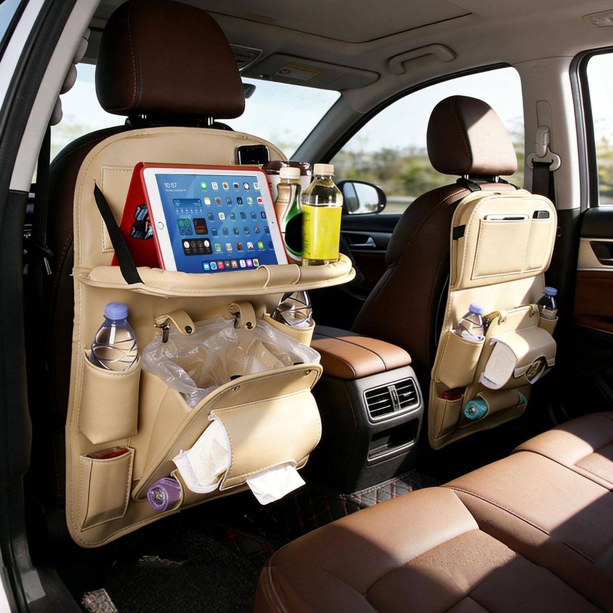 3.15"D x 17.7"W x 25.2"H Universal Premium Leather Foldable Car Backseat Organizer with Table Tray, Car Seat Back Protector with Garbage Bag Touch Screen Pad Holder, Car Kick Mats with Tissue Box - Beige - Size 2Pack