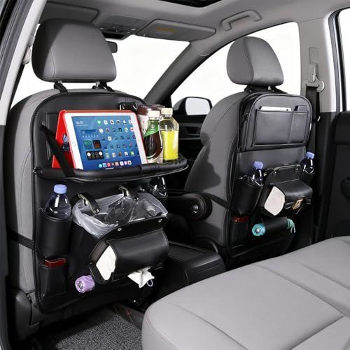 3.15"D x 17.7"W x 25.2"H Universal Premium Leather Foldable Car Backseat Organizer with Table Tray, Car Seat Back Protector with Garbage Bag Touch Screen Pad Holder, Car Kick Mats with Tissue Box - Black - Size 1Pack