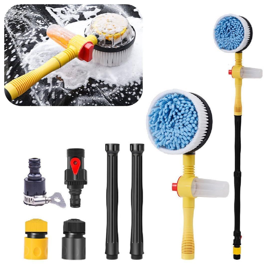 Rotating Car Wash Brush, 360° Spin Auto Cleaning Brush with Long Handle, Detachable Washing Brush with Soft Chenille Bristles Universal for Most Vehicles, Car Accessories - Yellow - Size Brush