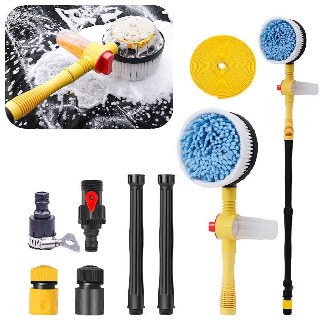 Rotating Car Wash Brush, 360° Spin Auto Cleaning Brush with Long Handle, Detachable Washing Brush with Soft Chenille Bristles Universal for Most Vehicles, Car Accessories - Yellow - Size Brush+5m Hose