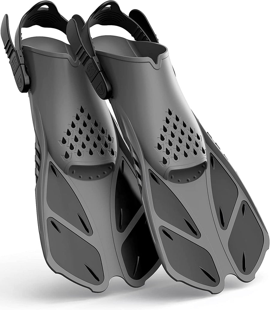 Gray Adjustable Open Heel Snorkel Fins, Travel-Size Short Swim Flippers for Snorkeling, Diving & Swimming, Adult Men & Women（L/XL）