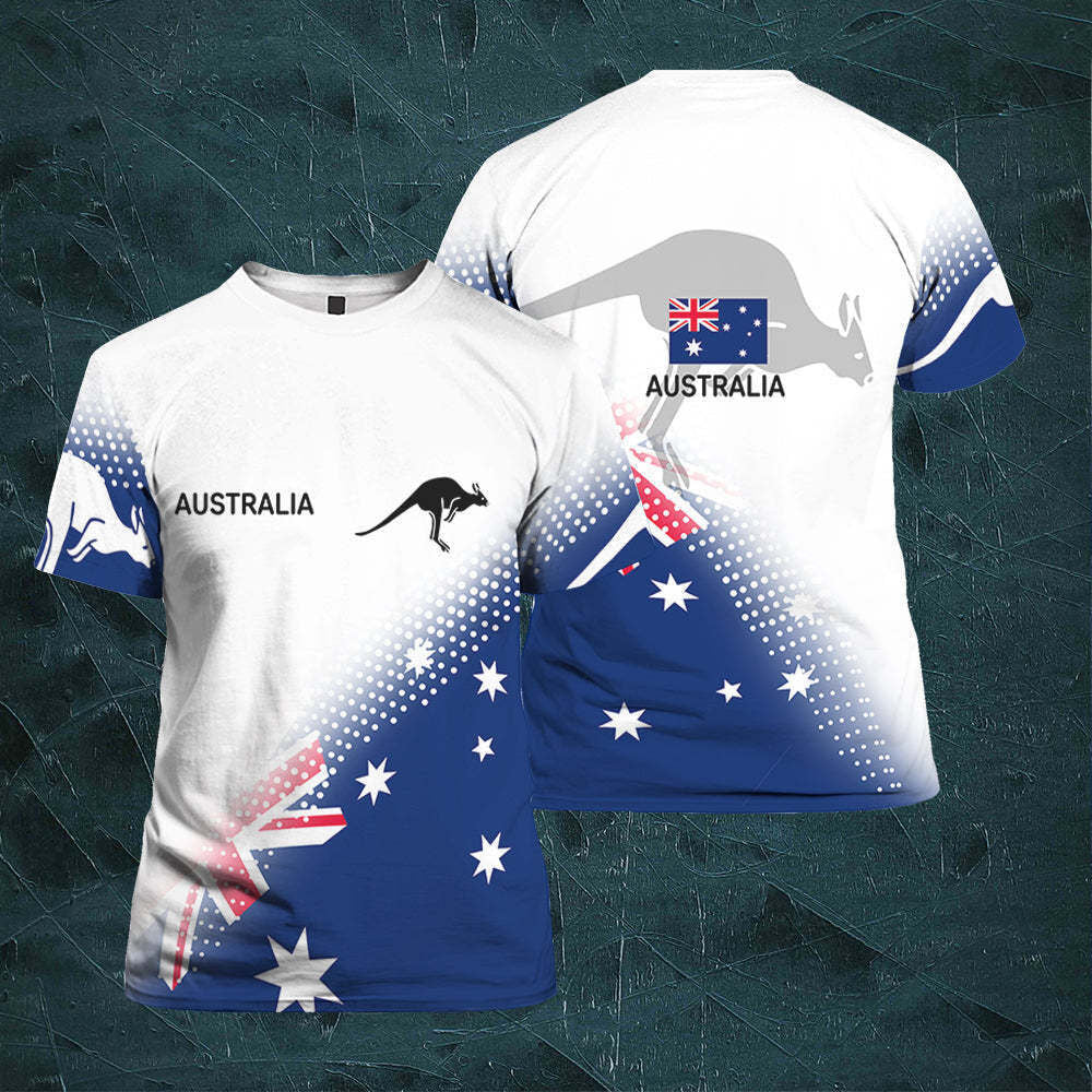 Australian Flag Kangaroo Print Unisex O-Neck Short Sleeve T-Shirt Summer Breathable Cotton Blend Streetwear Top（M）