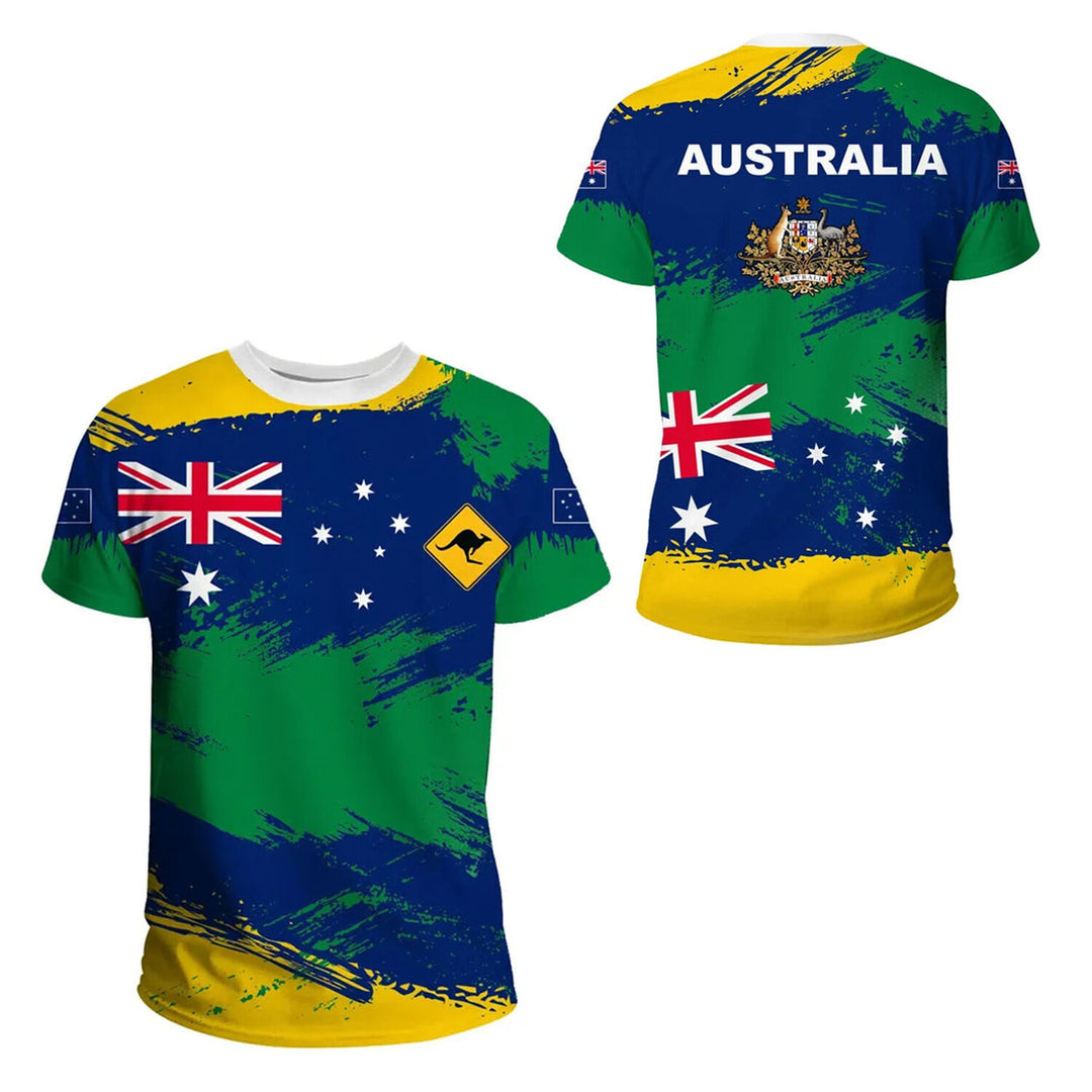 Australian Flag & Kangaroo Print Unisex O-Neck Short Sleeve T-Shirt Summer Breathable Cotton-Blend Streetwear Top（4XL）