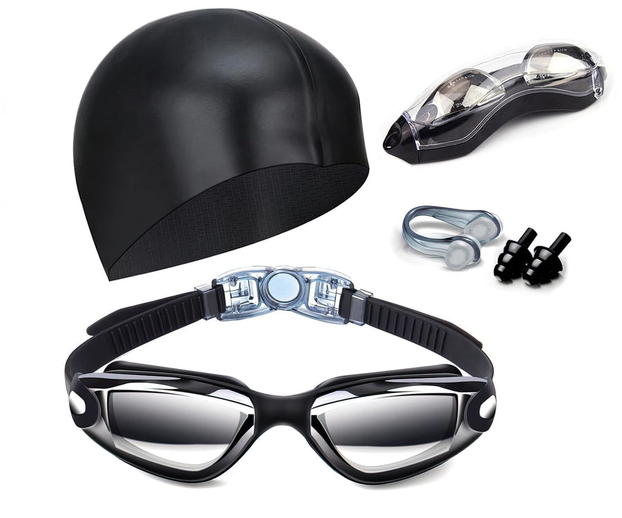 Black Swim Goggles Set with Cap, Nose Clip, Earplugs & Case: Anti-Fog UV Protection for Men & Women