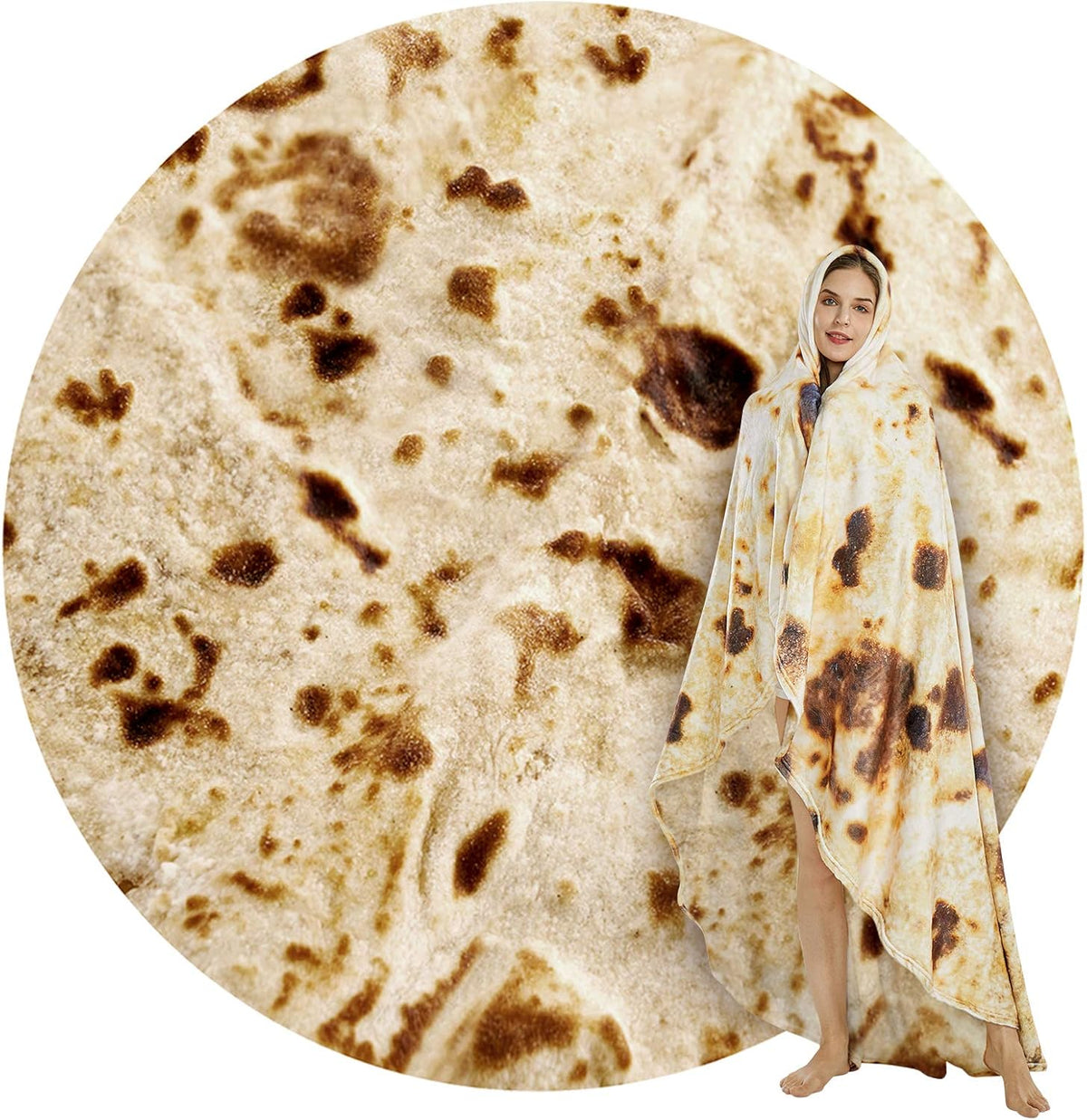 Burritos Tortilla Throw Blanket (Brown), Novelty Funny Round Blanket for Kids & Adults, Soft Flannel Tortilla Wrap Blanket（71", Adults）