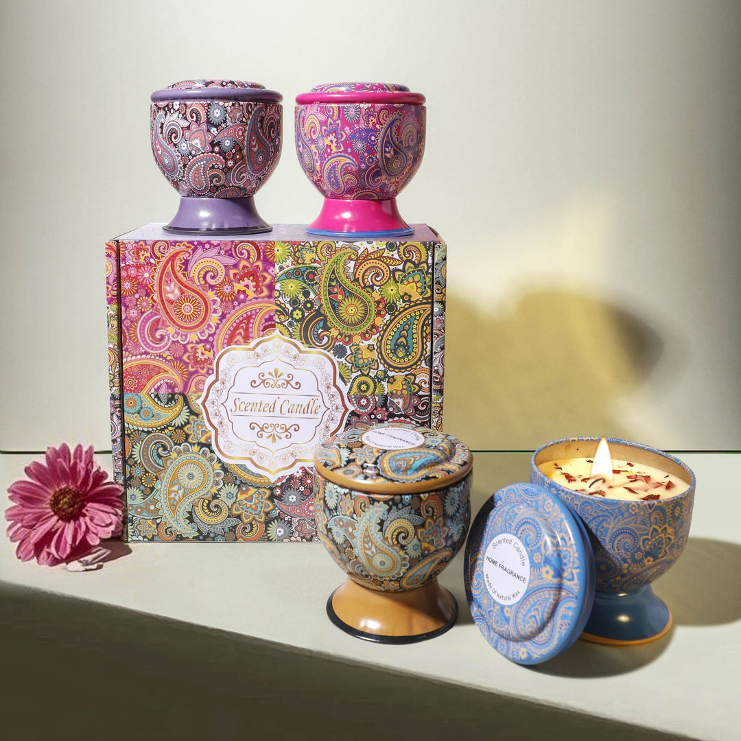 Christmas gift Aussie Scented Candle Set-4 Fragrances (Rose, Jasmine, Lemon, Lavender) in Artistic Tins for Home Ambiance & Gifting