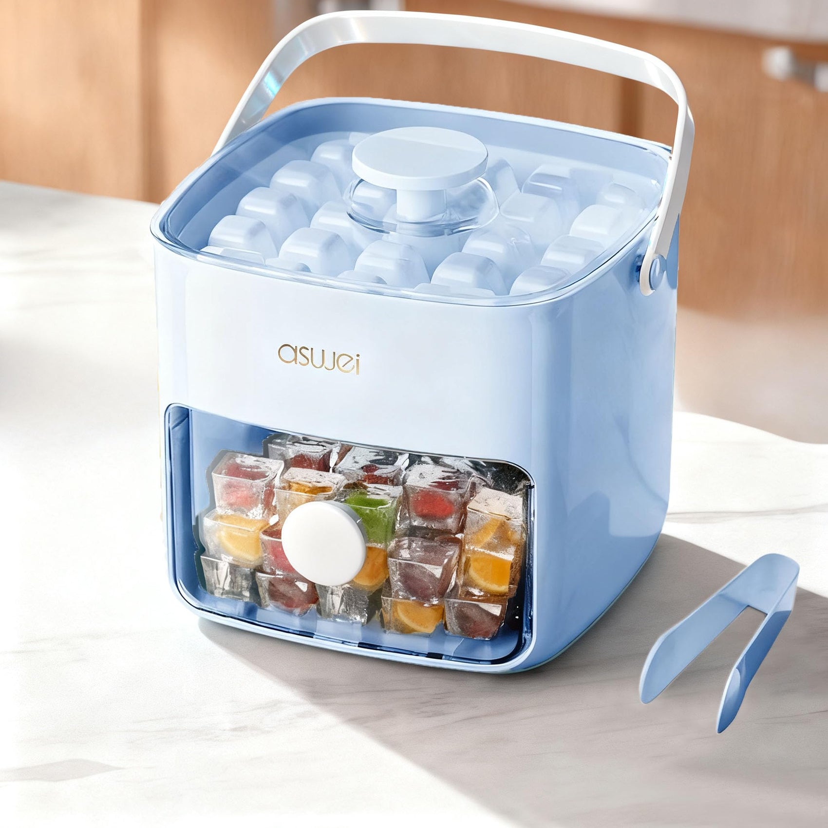Portable Ice Cube Maker with Storage Drawer – BPA-Free, 48-Cube Capacity, Push-Release Tray & Transparent Lid for Cocktails, Coffee, Whiskey(Blue)