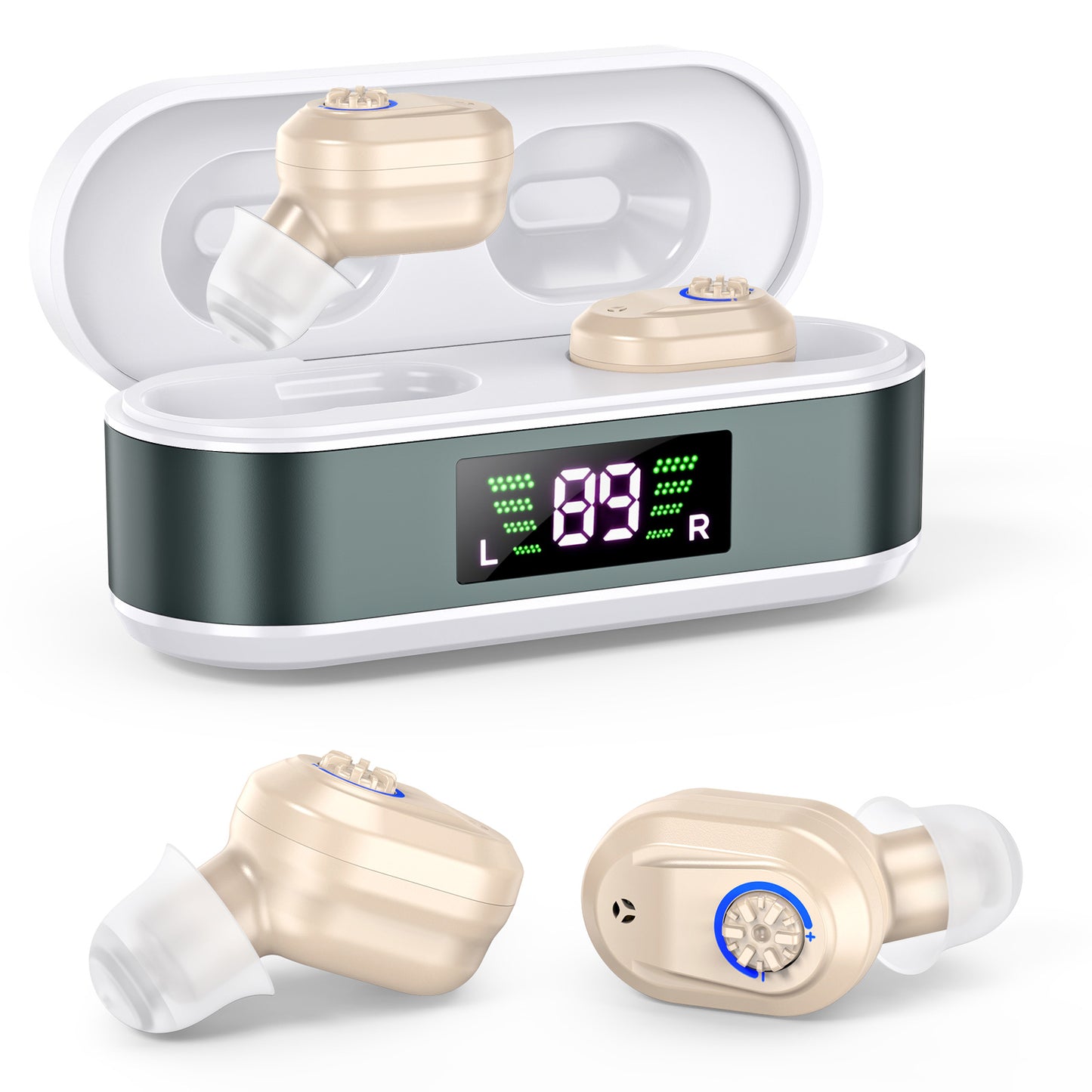 Rechargeable In-the-Ear Hearing Aids with Charging Case and LCD Display – Ultra-Compact Sound Amplifier for Seniors (White & Green Case, Skin Tone Device)