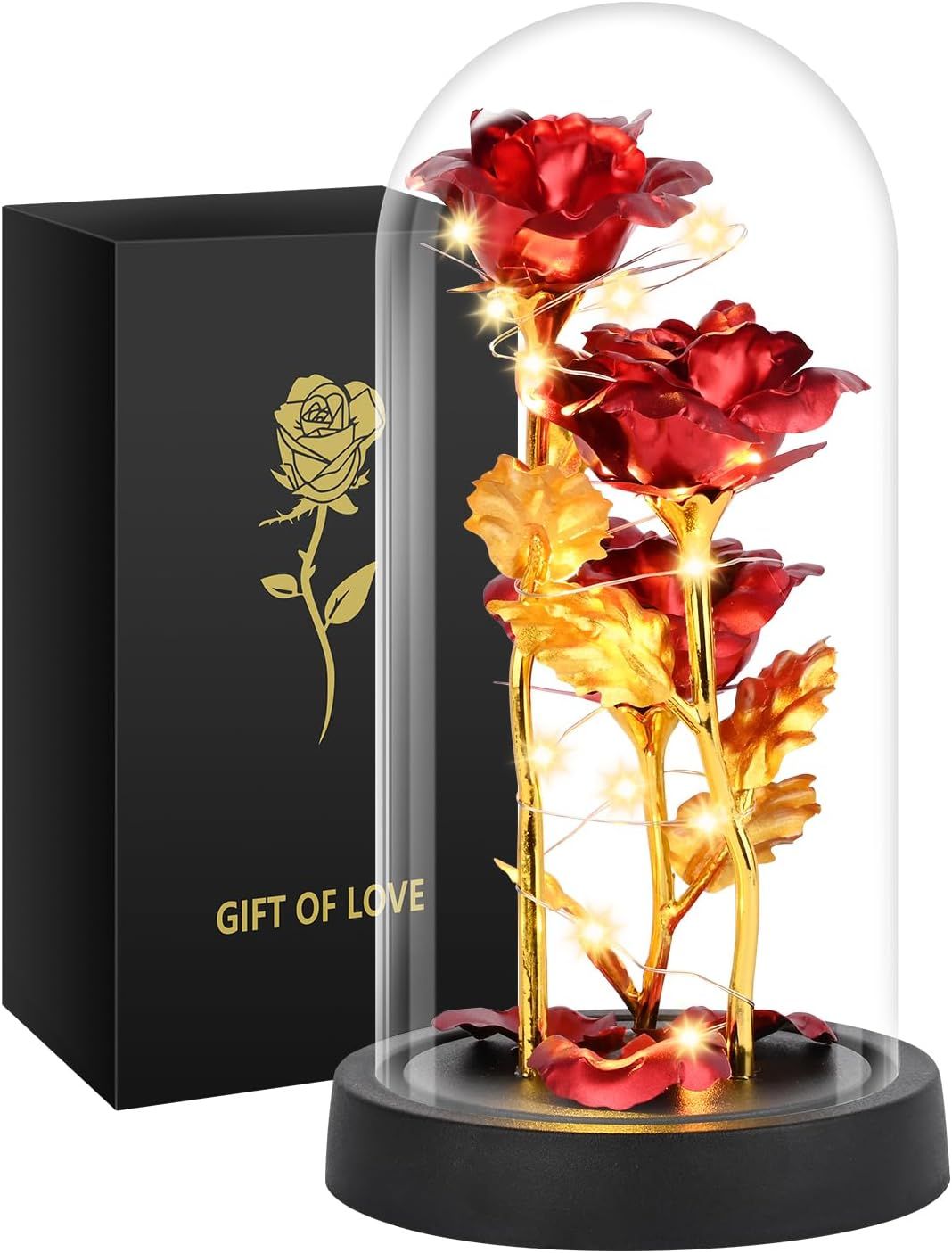 Eternal Blue Rose in Glass Dome with LED Lights, Romantic Forever Flower Gift for Valentine’s Day Anniversary Mother’s Day Birthday (Red)