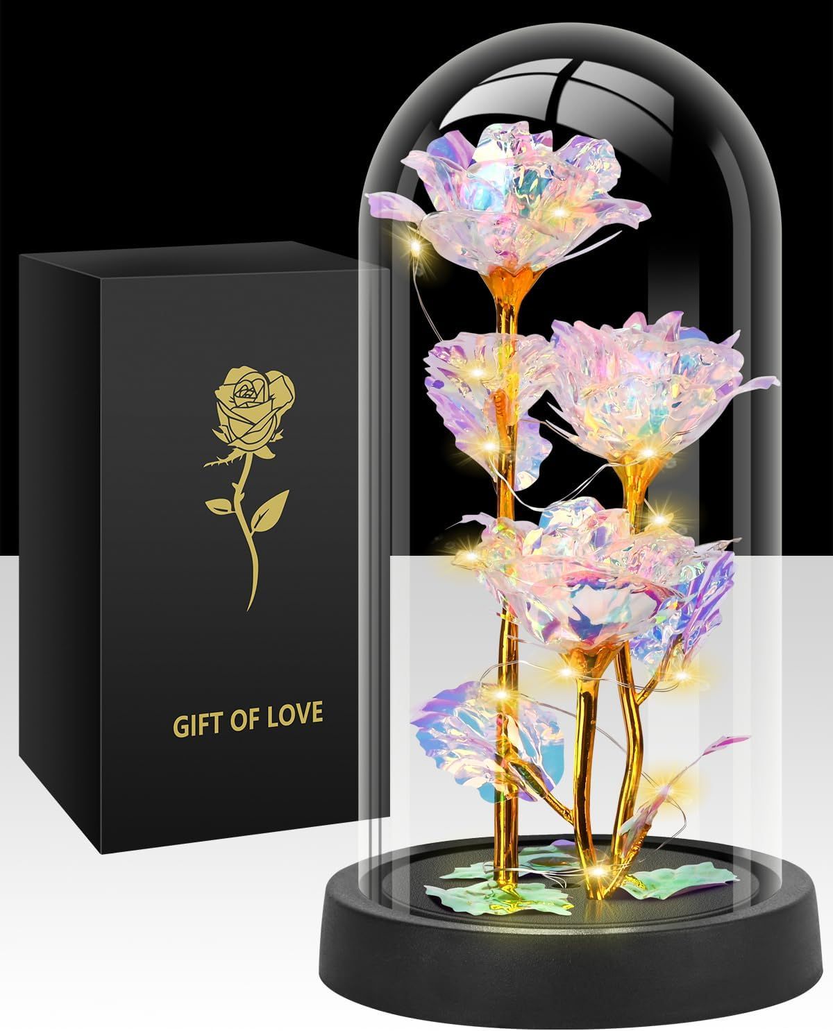 Eternal Blue Rose in Glass Dome with LED Lights, Romantic Forever Flower Gift for Valentine’s Day Anniversary Mother’s Day Birthday (Purple)