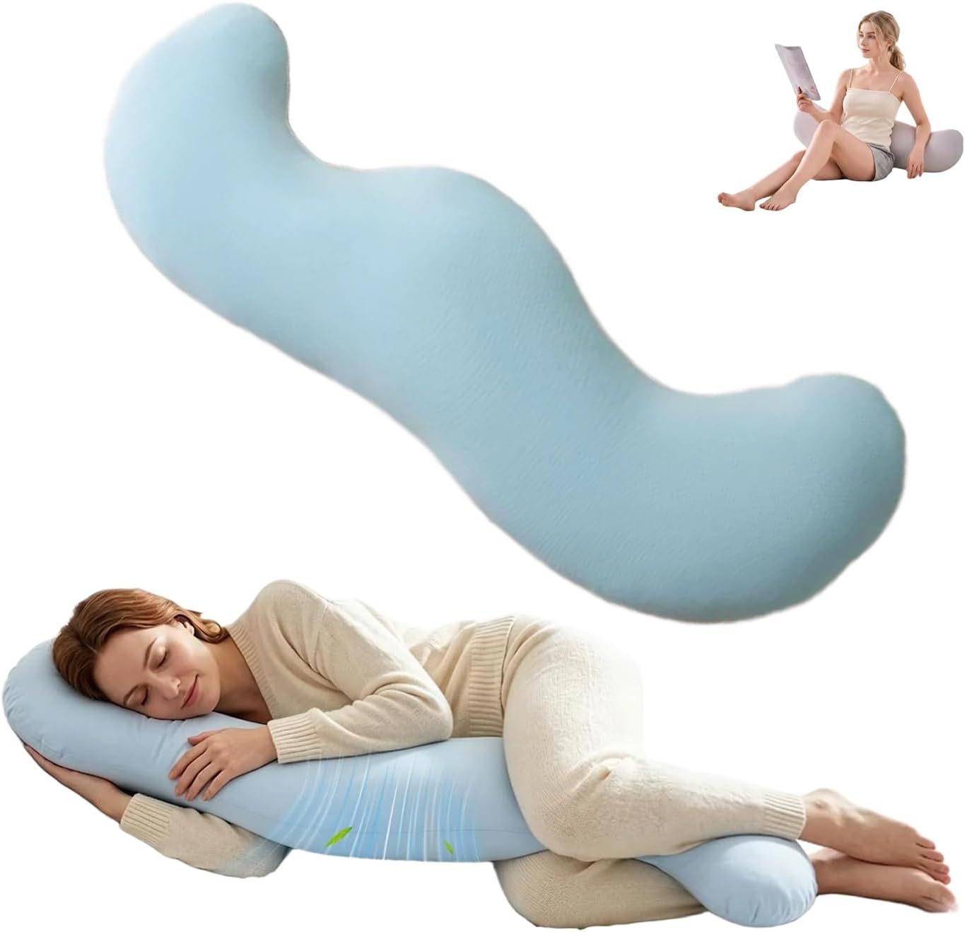 Pea Pod Shape Body Pillow for Adults Full-Body Support Side Sleeper Pillow, Pregnancy Back Pain Relief, Soft Hug Pillow with Memory Fiber Filling