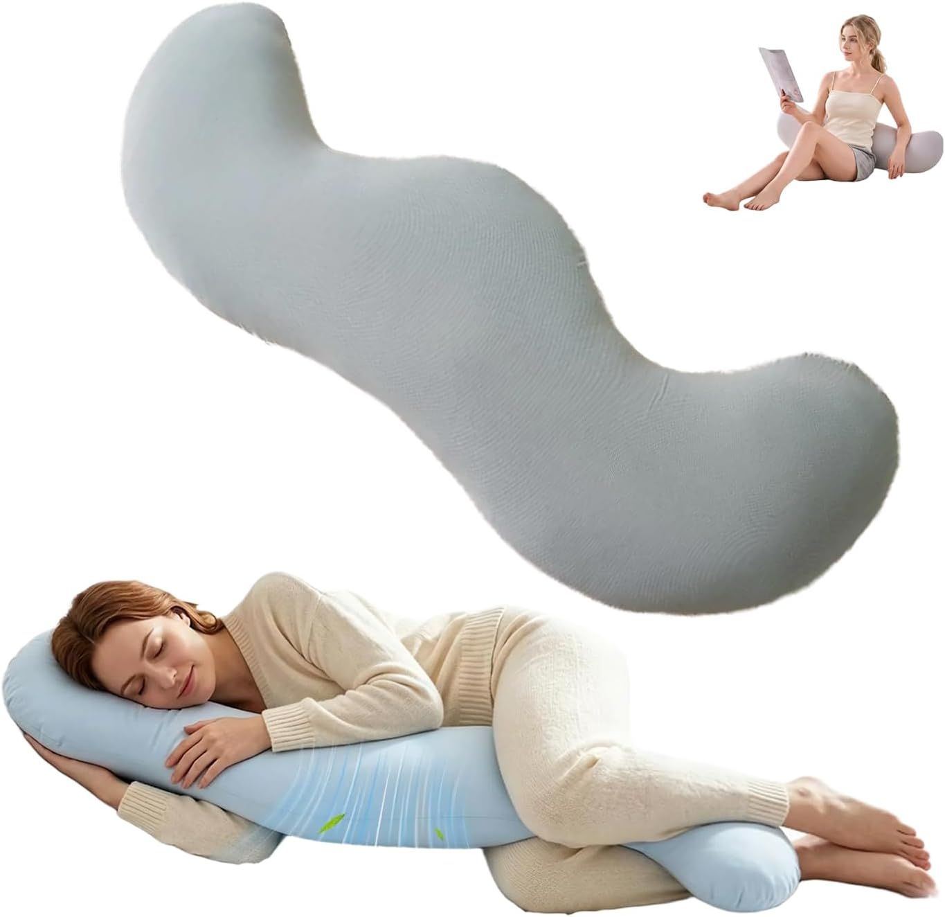 Pea Pod Shape Body Pillow for Adults Full-Body Support Side Sleeper Pillow, Pregnancy Back Pain Relief, Soft Hug Pillow with Memory Fiber Filling