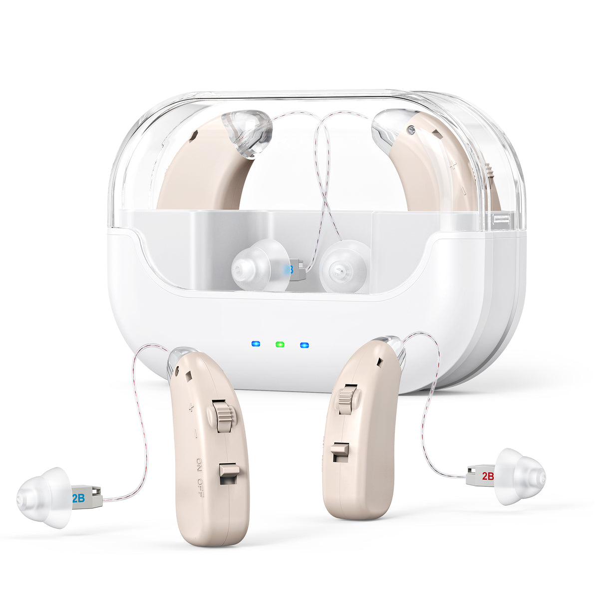 Rechargeable Hearing Amplifier with Charging Case – Compact Sound Enhancer for Daily Use, Noise Reduction & Clear Audio (White & Transparent Case, Skin Tone)