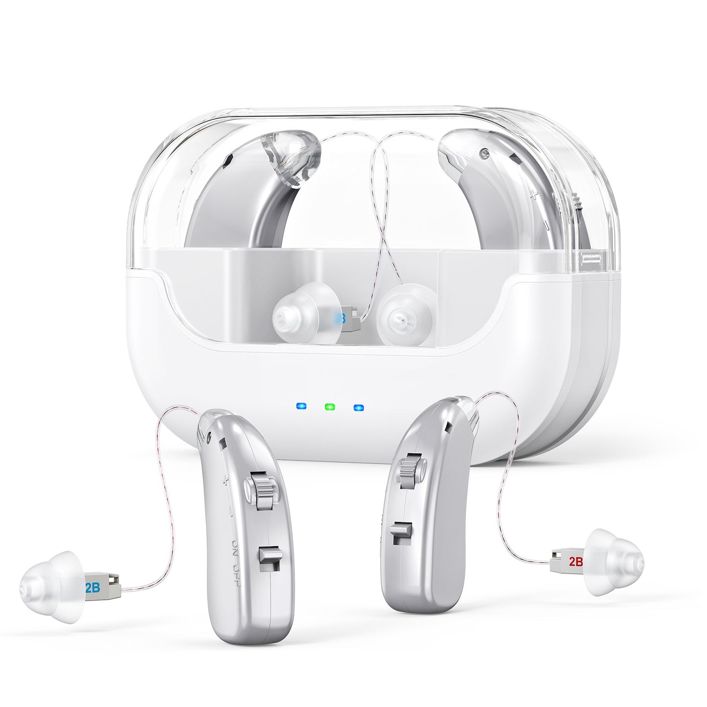 Rechargeable Hearing Amplifier with Charging Case – Compact Sound Enhancer for Daily Use, Noise Reduction & Clear Audio (White & Transparent Case, Silver Tone)