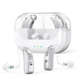 Rechargeable Hearing Amplifier with Charging Case – Compact Sound Enhancer for Daily Use, Noise Reduction & Clear Audio (White & Transparent Case, Silver Tone)
