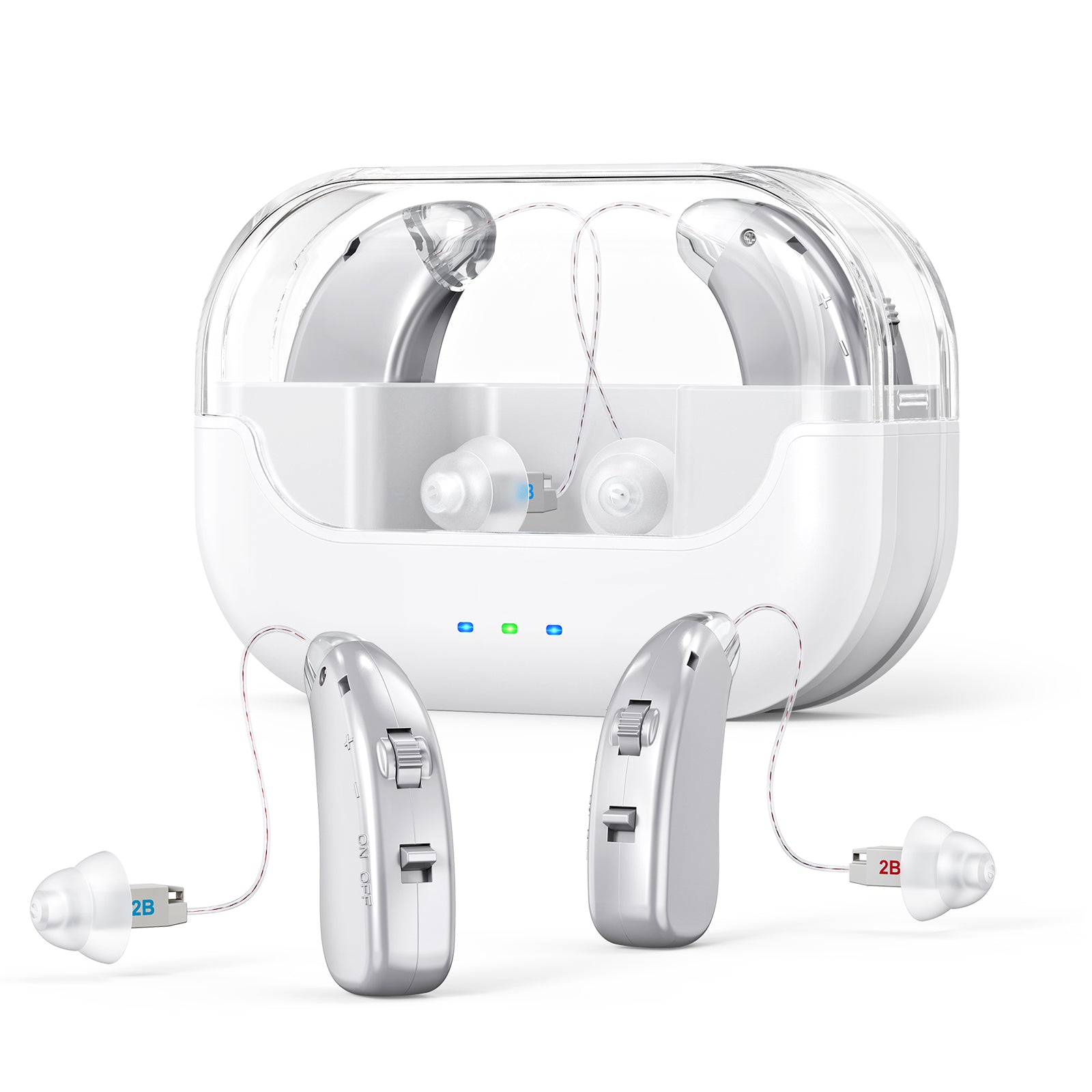 Rechargeable Hearing Amplifier with Charging Case – Compact Sound Enhancer for Daily Use, Noise Reduction & Clear Audio (White & Transparent Case, Silver Tone)