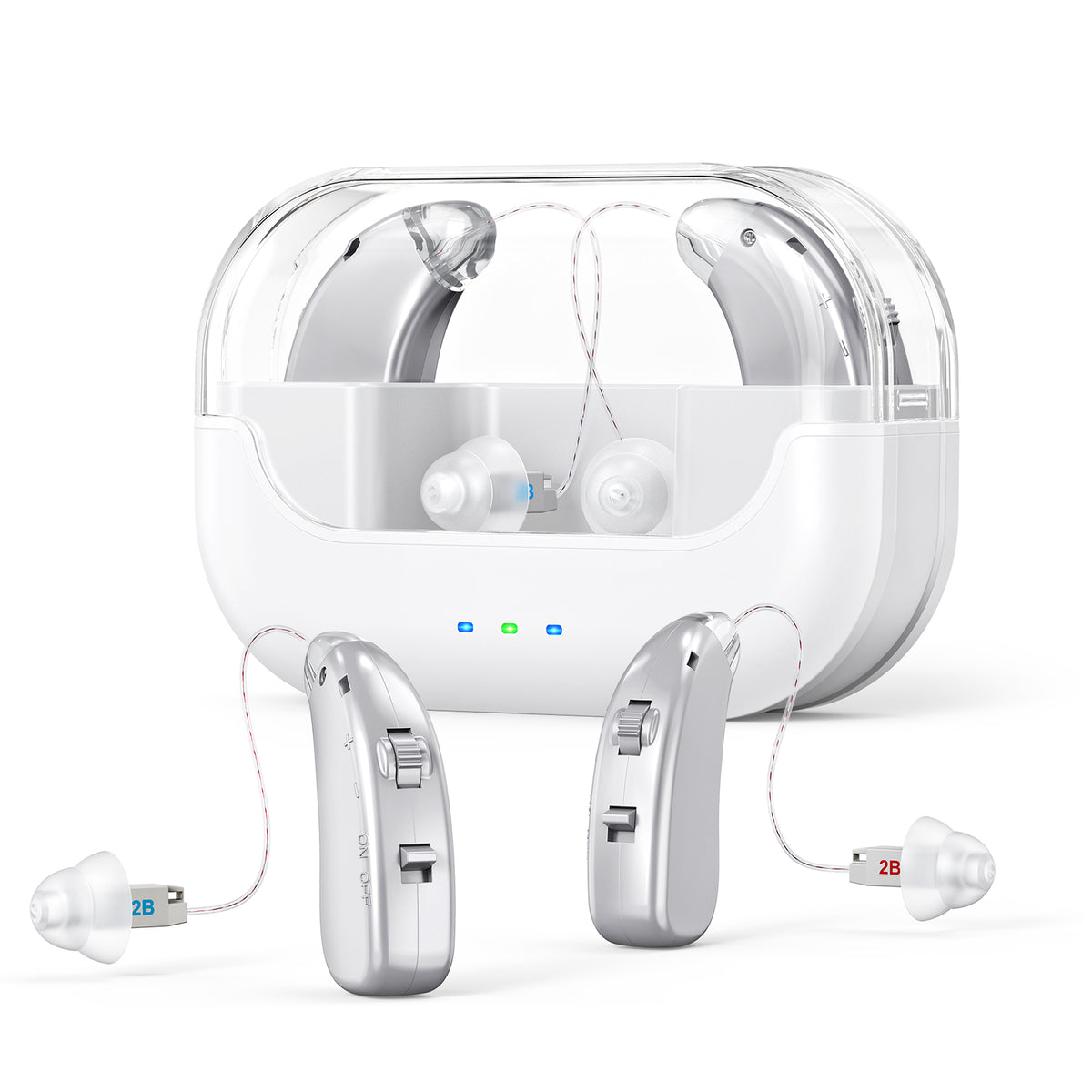 Rechargeable Hearing Amplifier with Charging Case – Compact Sound Enhancer for Daily Use, Noise Reduction & Clear Audio (White & Transparent Case, Silver Tone)