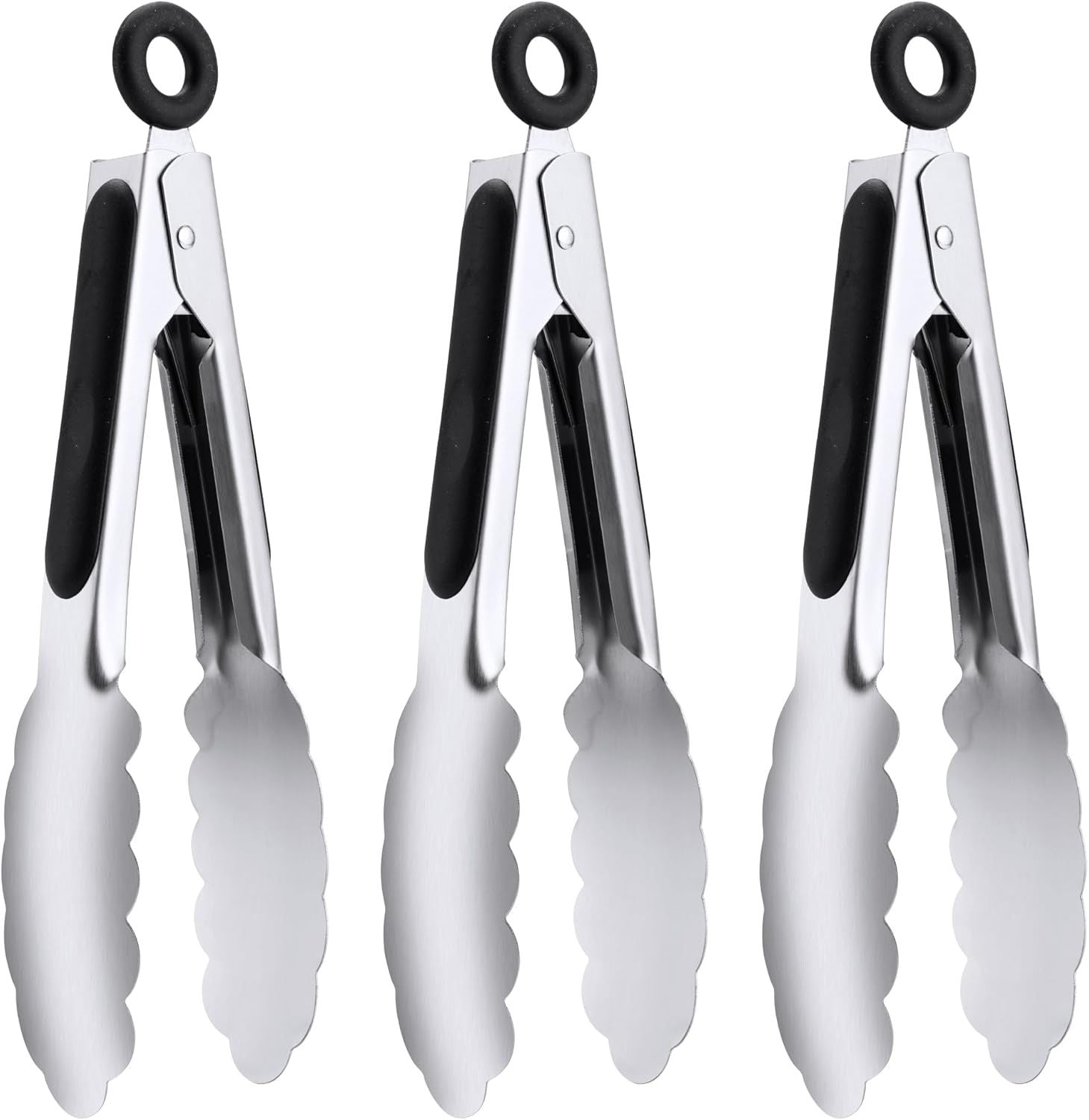 3 Pack 7 Inch Stainless Steel Kitchen Tongs Set, Small Serving Tongs with Lock for Salad, Cooking & Buffet (Black)