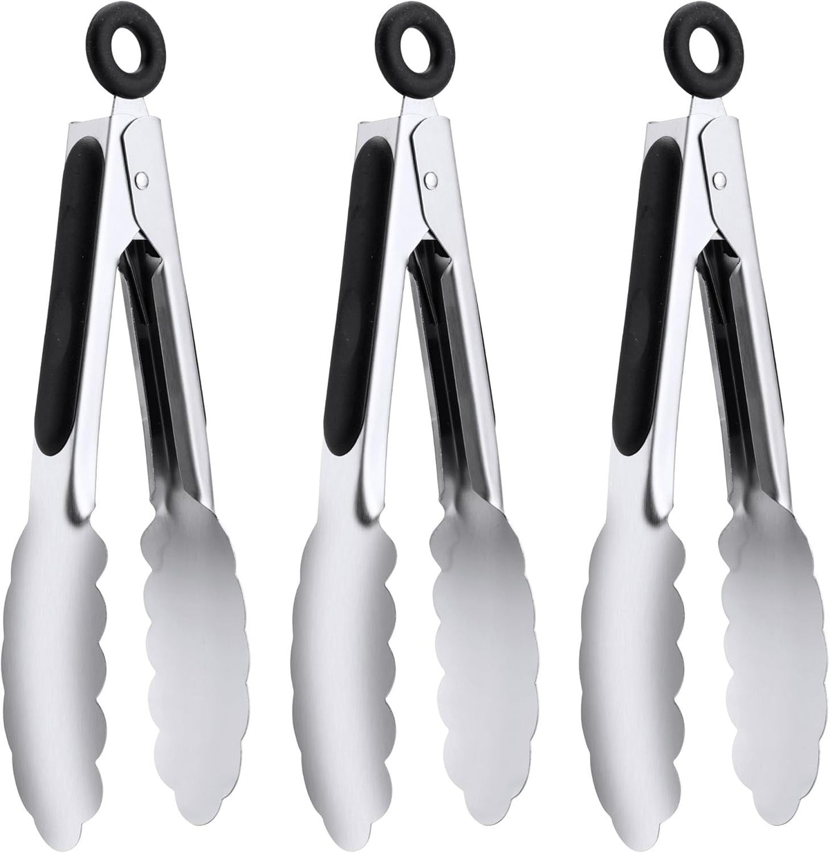 3 Pack 7 Inch Stainless Steel Kitchen Tongs Set, Small Serving Tongs with Lock for Salad, Cooking & Buffet (Black)