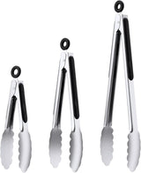 3 Pcs Stainless Steel Kitchen Tongs Set (7" 9" 12"), Heavy Duty Food Grade Cooking Tongs with Lock for Grilling & BBQ (Black)