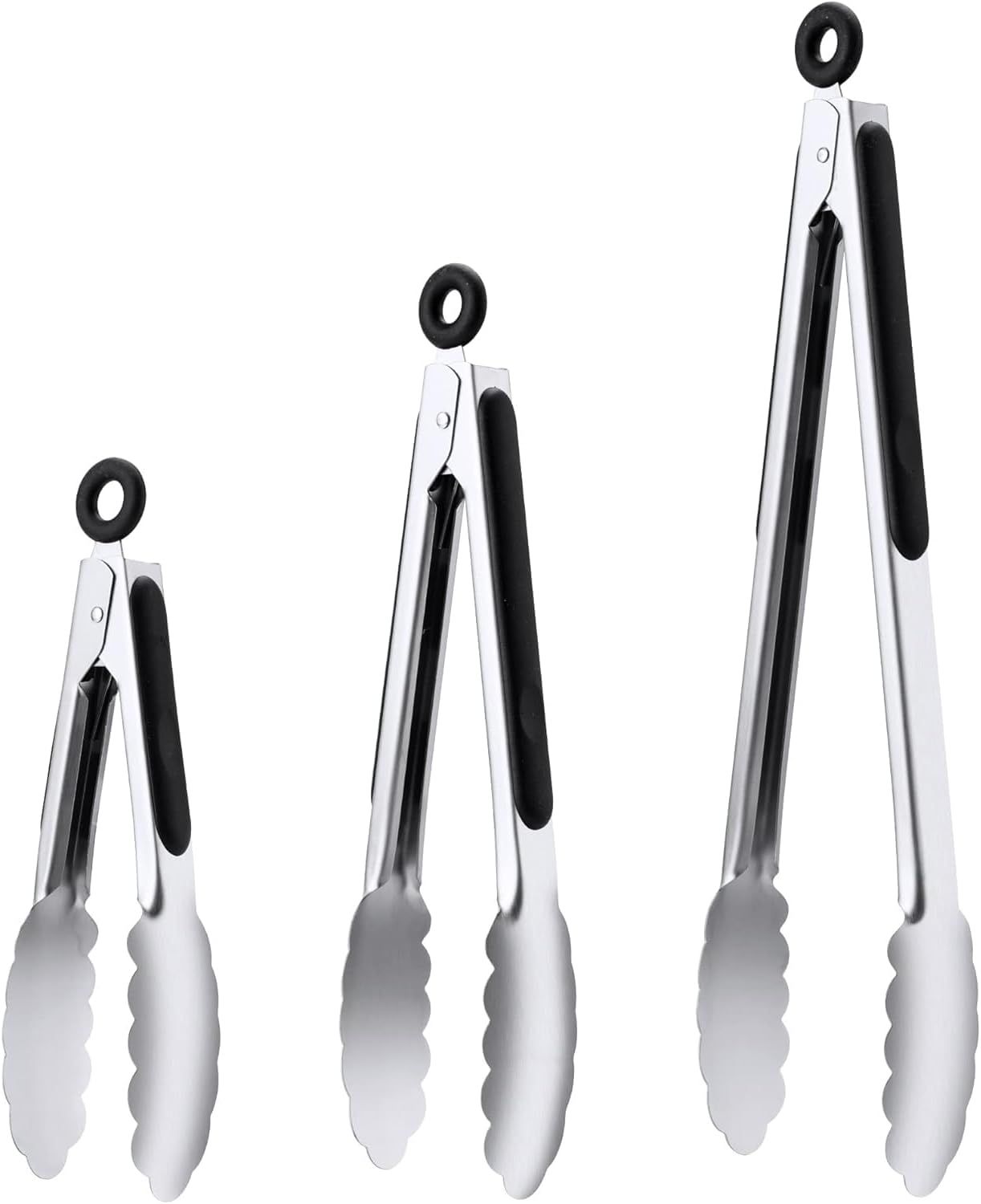 3 Pcs Stainless Steel Kitchen Tongs Set (7" 9" 12"), Heavy Duty Food Grade Cooking Tongs with Lock for Grilling & BBQ (Black)