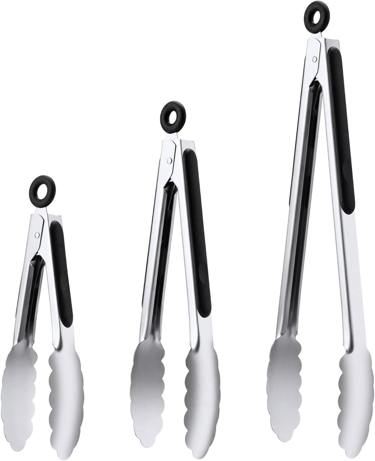 3 Pcs Stainless Steel Kitchen Tongs Set (7" 9" 12"), Heavy Duty Food Grade Cooking Tongs with Lock for Grilling & BBQ (Black)