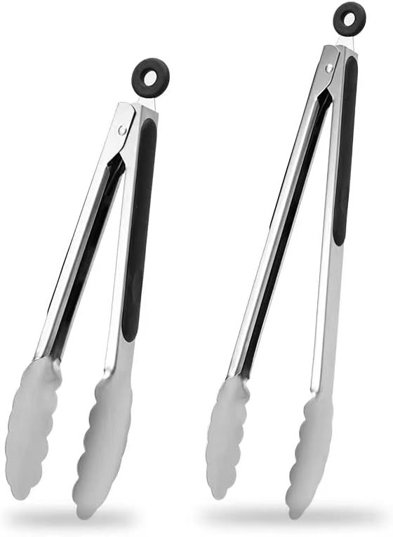 2 Pack Stainless Steel Kitchen Tongs Set (9" 12"), Non-Slip Metal Cooking & Serving Tongs with Hanging Loop (Black)