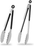 2 Pack Stainless Steel Kitchen Tongs Set (9" 12"), Non-Slip Metal Cooking & Serving Tongs with Hanging Loop (Black)