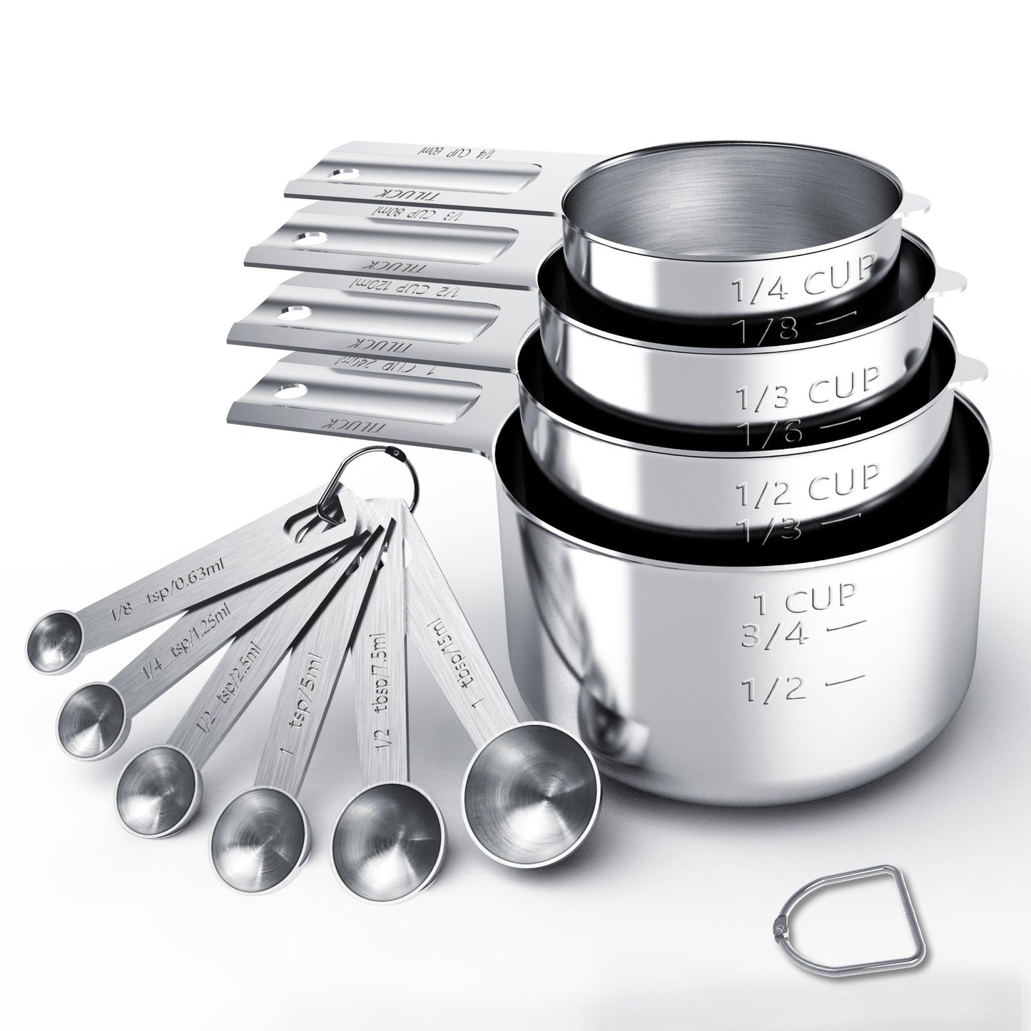 10-Piece Stainless Steel Measuring Cup and Spoon Set with Engraved Dual-Scale Markings, Nesting Design, Hanging Ring, and Compact Storage—Ideal for Baking, Cooking, and Portion Control in Home Kitchens (Silver)