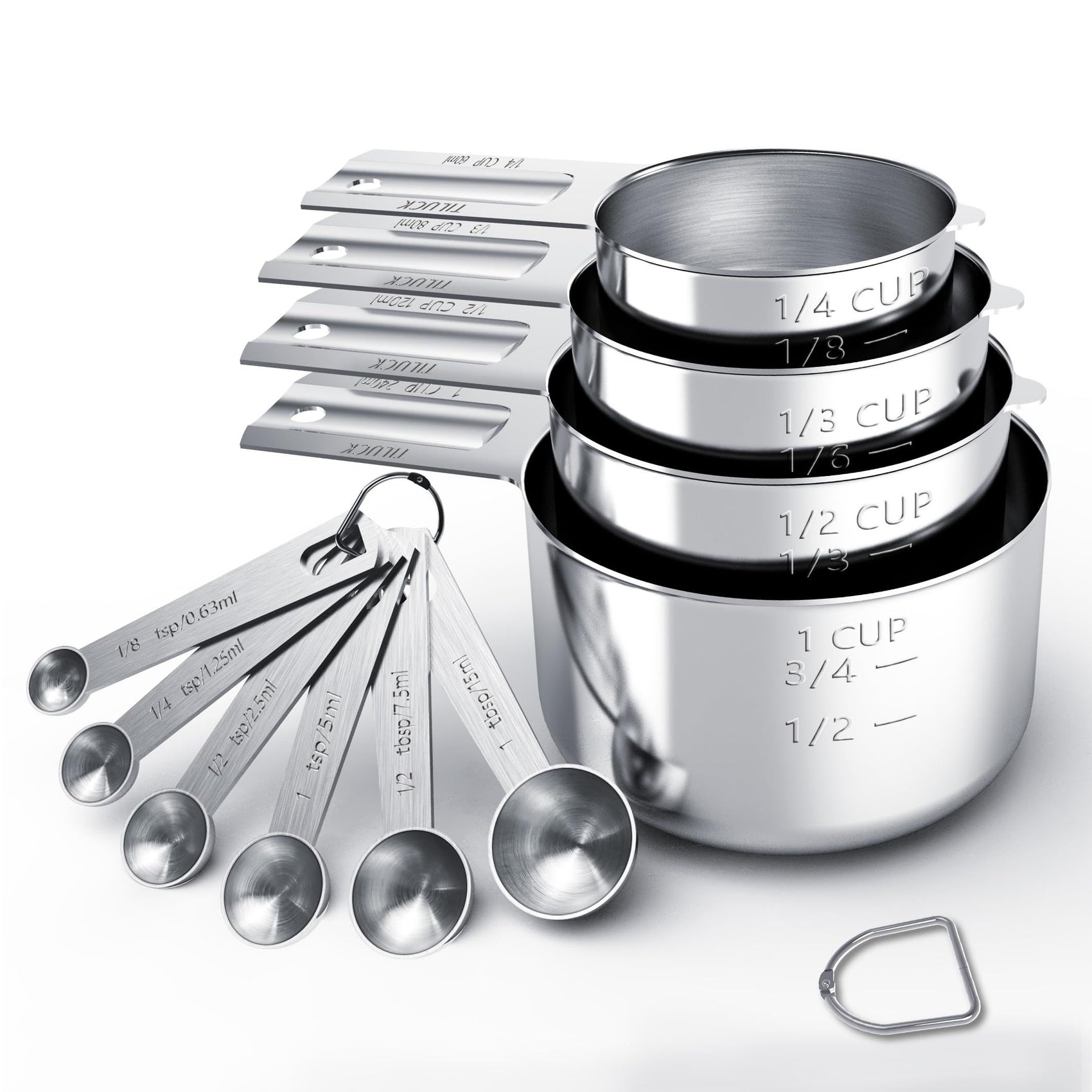 10-Piece Stainless Steel Measuring Cup and Spoon Set with Engraved Dual-Scale Markings, Nesting Design, Hanging Ring, and Compact Storage—Ideal for Baking, Cooking, and Portion Control in Home Kitchens (Silver)