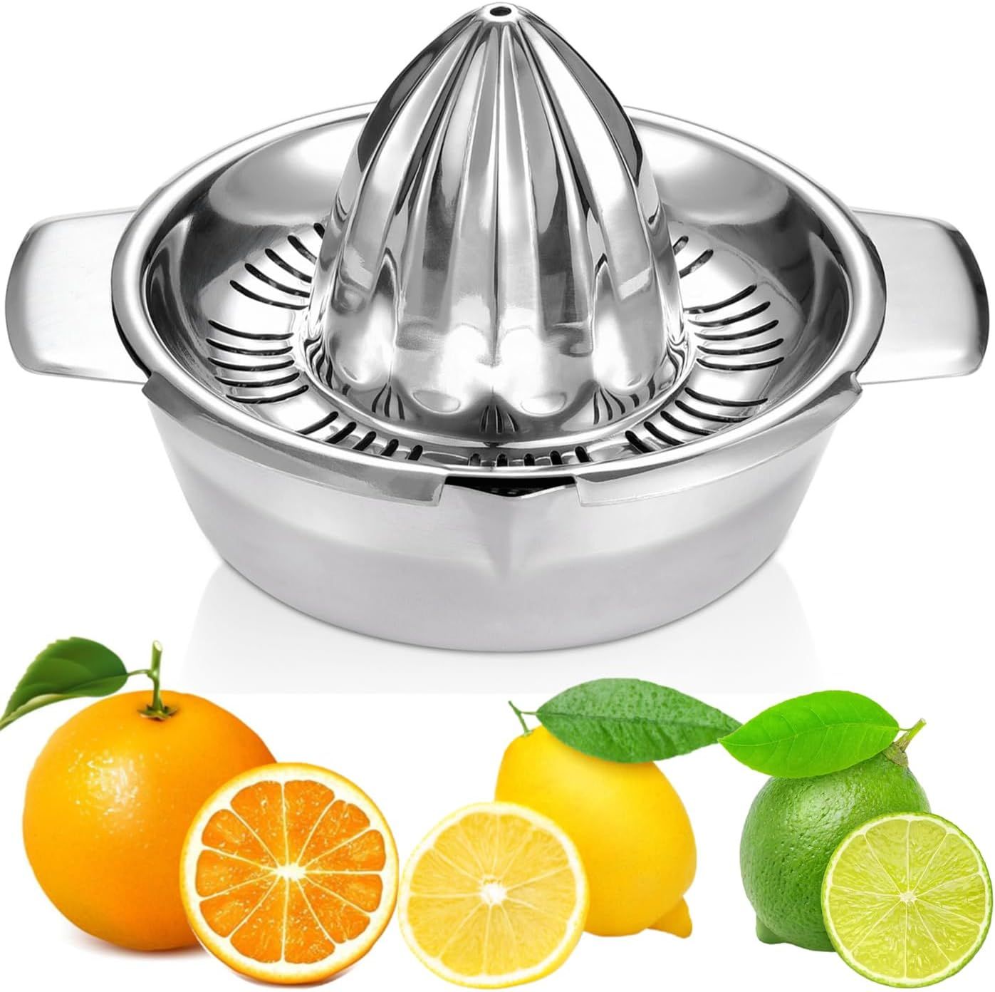Stainless Steel Manual Citrus Juicer for Home & Travel – Durable Lemon Orange Squeezer with Strainer & Pour Spout (Silver)