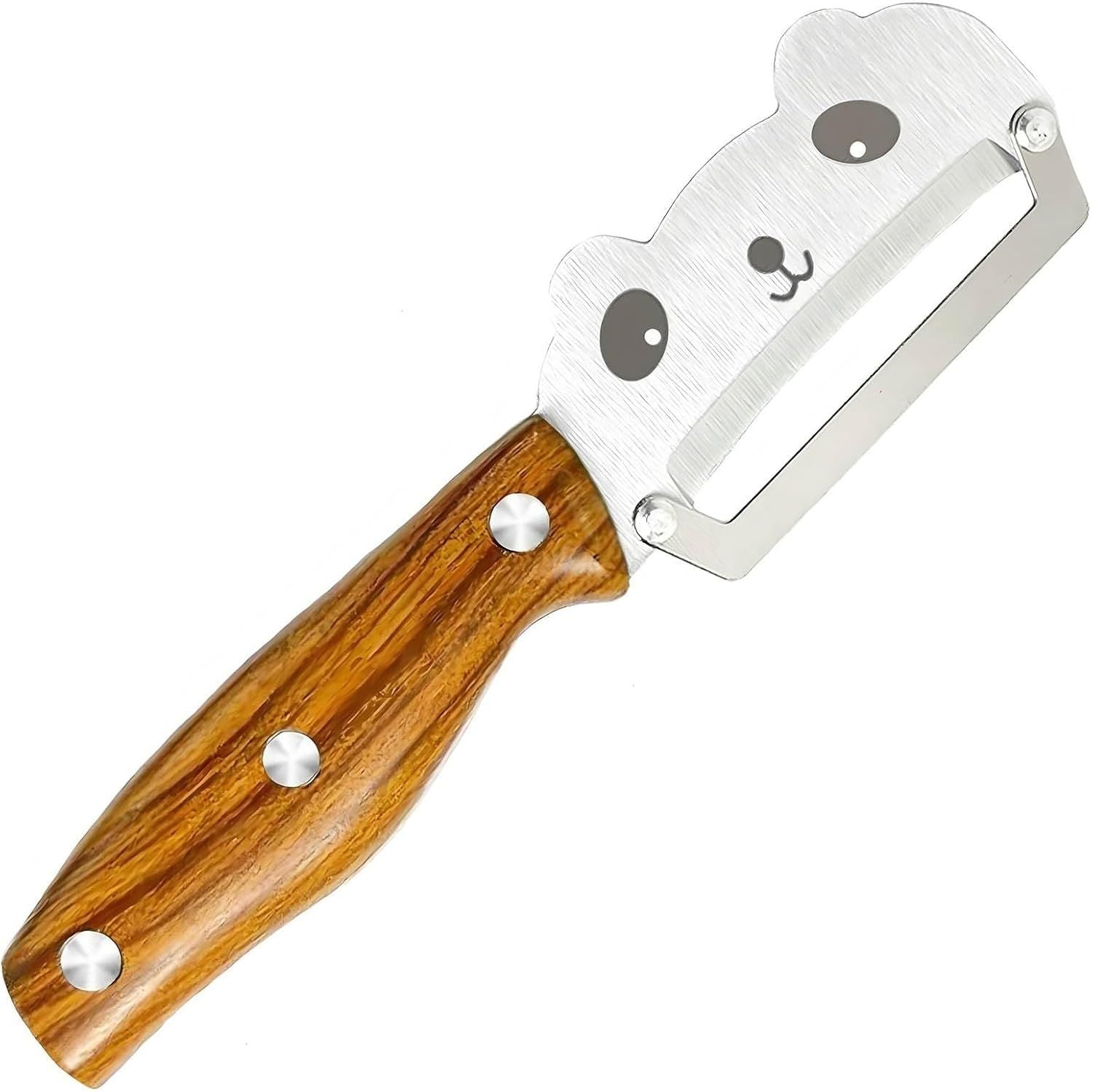 Panda-Face Stainless Steel Peeling Knife for Fruits & Vegetables—Curved Blade, Wood-Grain Handle, Compact Design—Ideal for Pumpkin, Zucchini, Sugarcane, Apples & More—Easy Grip, Portable Kitchen Tool (Brown)