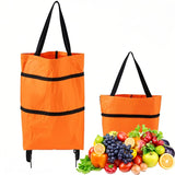 2-in-1 Collapsible Shopping Trolley with Wheels – Foldable Grocery Cart, Reusable Waterproof Oxford Bag for Supermarket, Picnic & Travel (Orange)