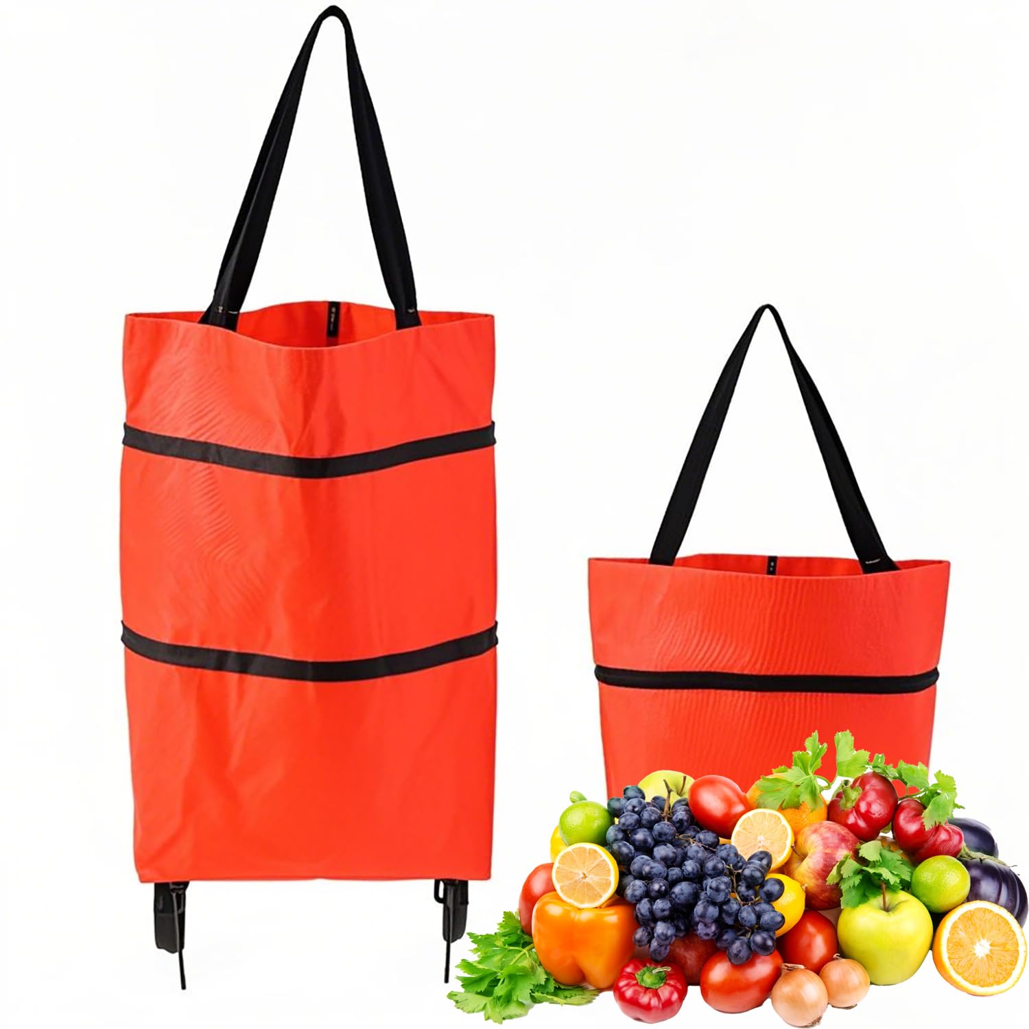 2-in-1 Collapsible Shopping Trolley with Wheels – Foldable Grocery Cart, Reusable Waterproof Oxford Bag for Supermarket, Picnic & Travel (Red)