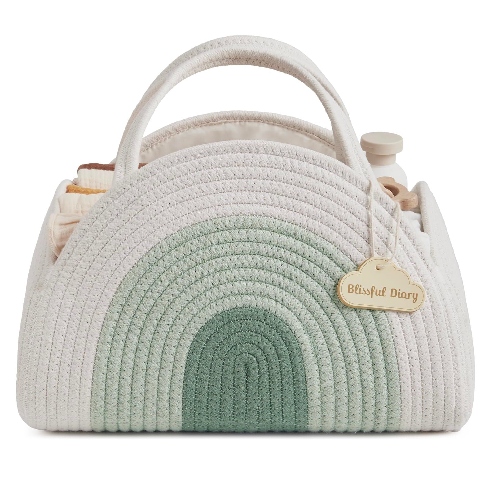 Portable Cotton Rope Diaper Caddy – Large Baby Storage Basket with Removable Dividers and Handles for Nursery, Car, Travel – Stylish Organizing Bin for Newborn Essentials (Mint Rainbow)