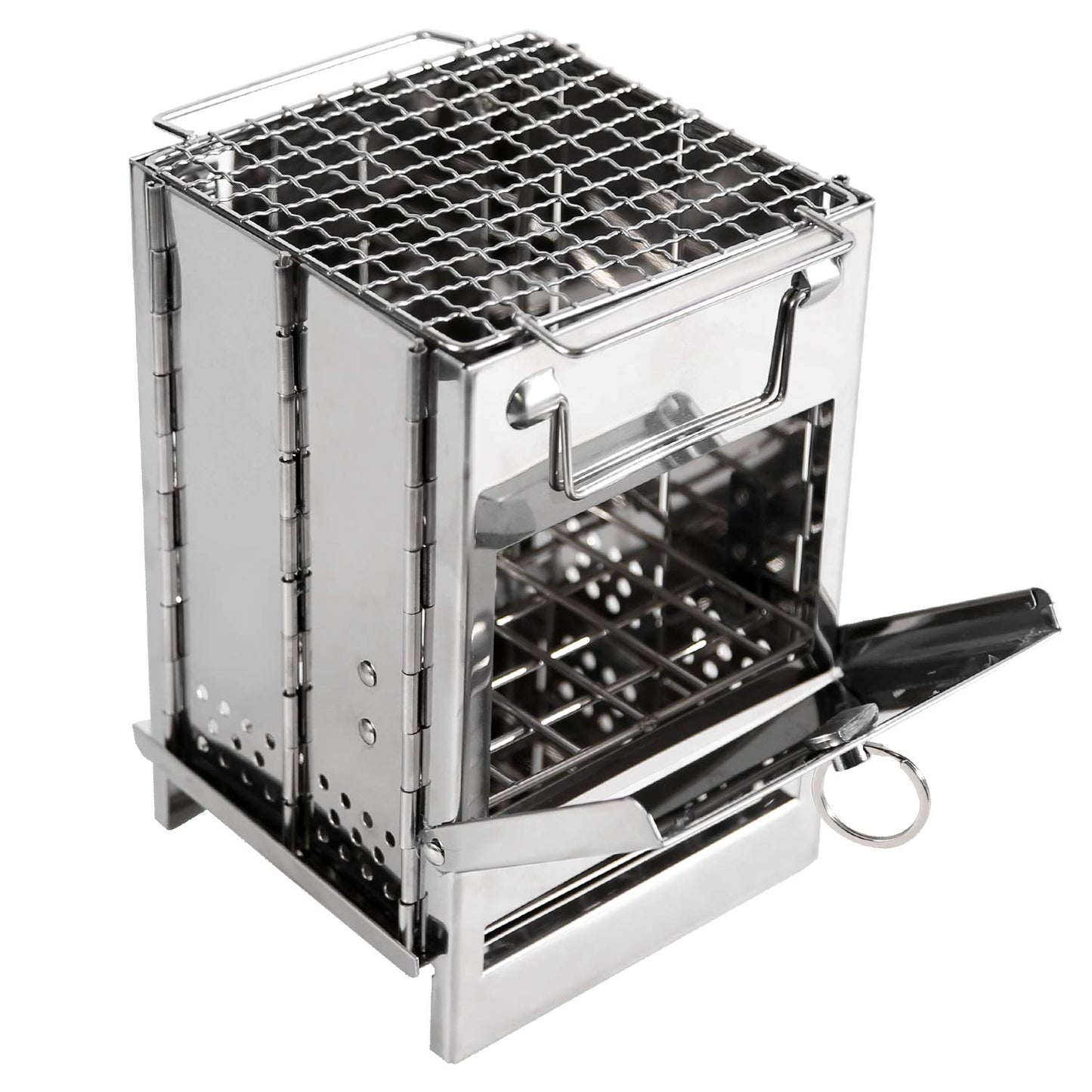 Portable Folding Camping Stove with Grill – Stainless Steel Wood-Burning Fire Pit for Hiking, Backpacking, BBQ & Outdoor Cooking (Silver)