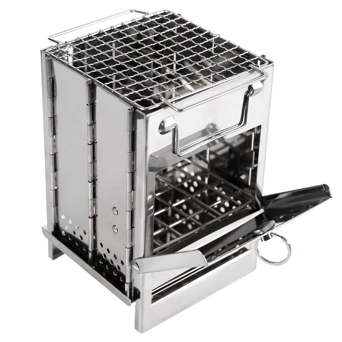 Portable Folding Camping Stove with Grill – Stainless Steel Wood-Burning Fire Pit for Hiking, Backpacking, BBQ & Outdoor Cooking (Silver)